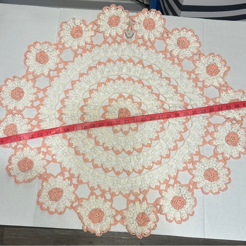Crochet Floral Doily in Cream and Pale Pink - Picture 2 of 3